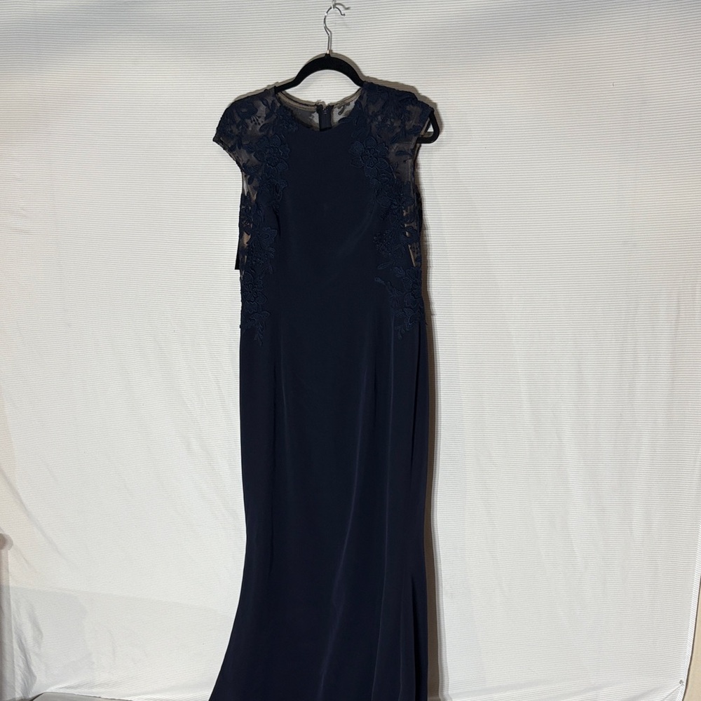 Elegant Navy Blue Lace Floor Length Long Flowing Evening Gown by Frascara